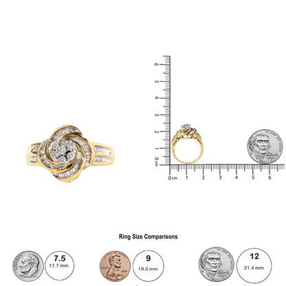 10k Yellow Gold 1/2 Cttw Round and Baguette Diamond Flower Swirl Cocktail Ring (i-j Color Si2-i1 Clarity) - Fine