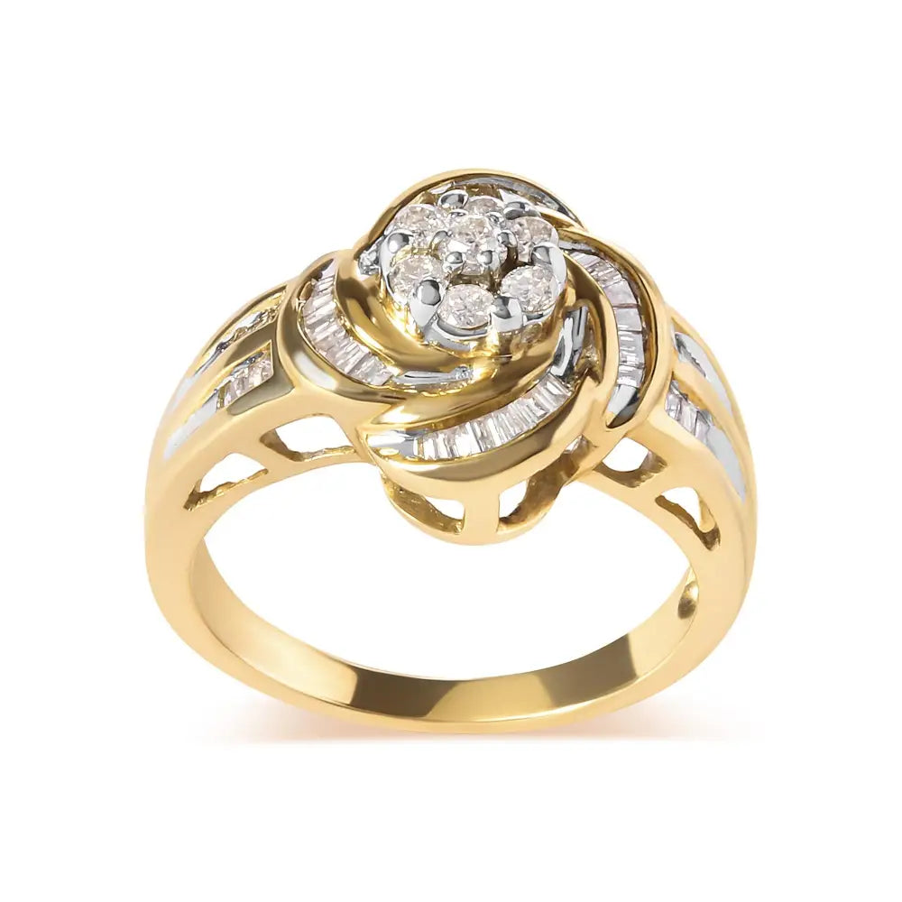 10k Yellow Gold 1/2 Cttw Round and Baguette Diamond Flower Swirl Cocktail Ring (i-j Color Si2-i1 Clarity) - Fine