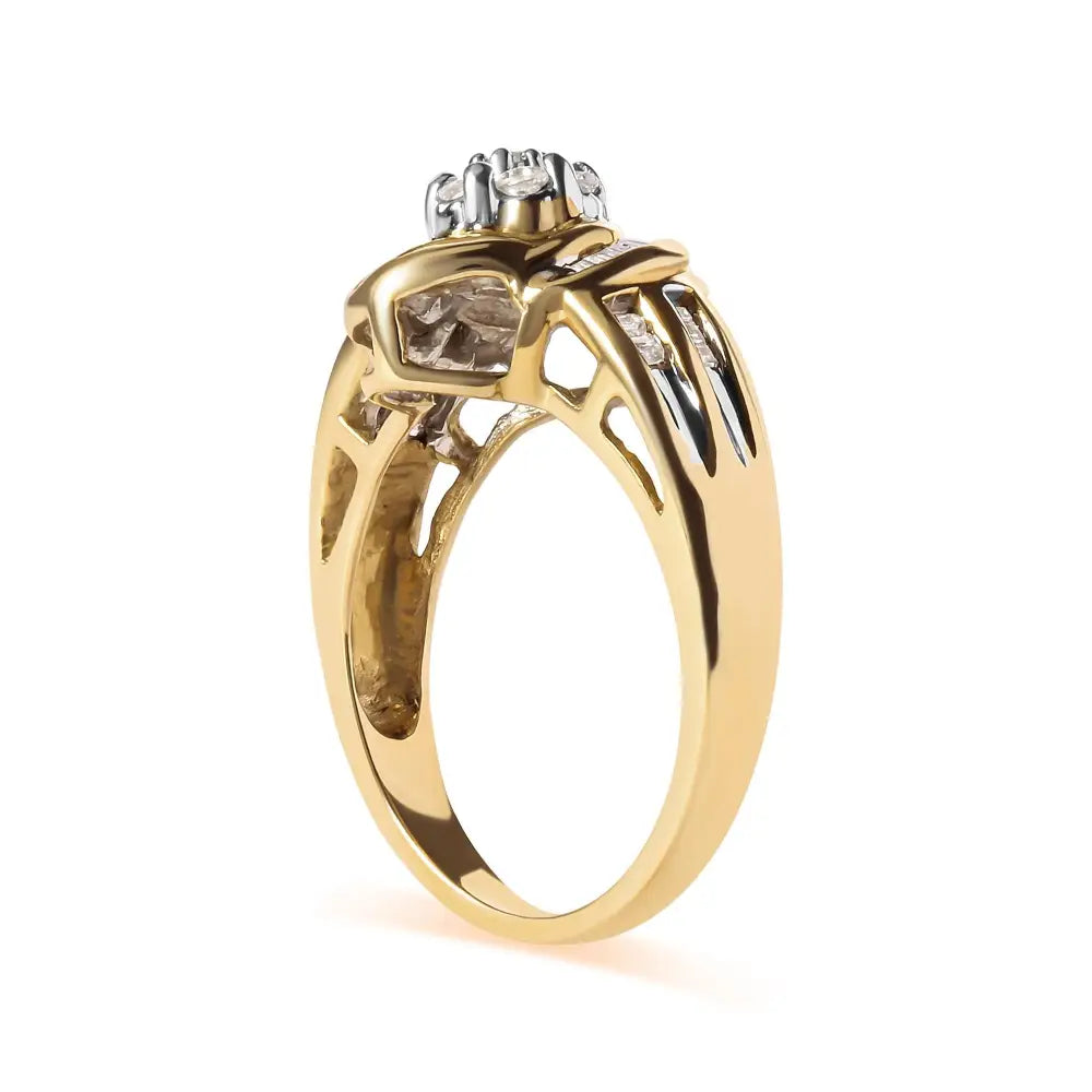 10k Yellow Gold 1/2 Cttw Round and Baguette Diamond Flower Swirl Cocktail Ring (i-j Color Si2-i1 Clarity) - Fine