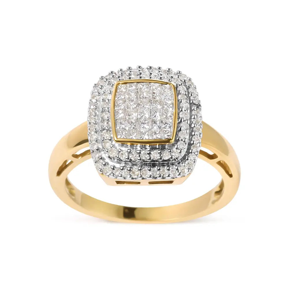 10k Yellow Gold 1/2 Cttw Round and Princess Diamond Composite Head Halo Ring (h-i Color Si1-si2 Clarity) - Fine Jewelry