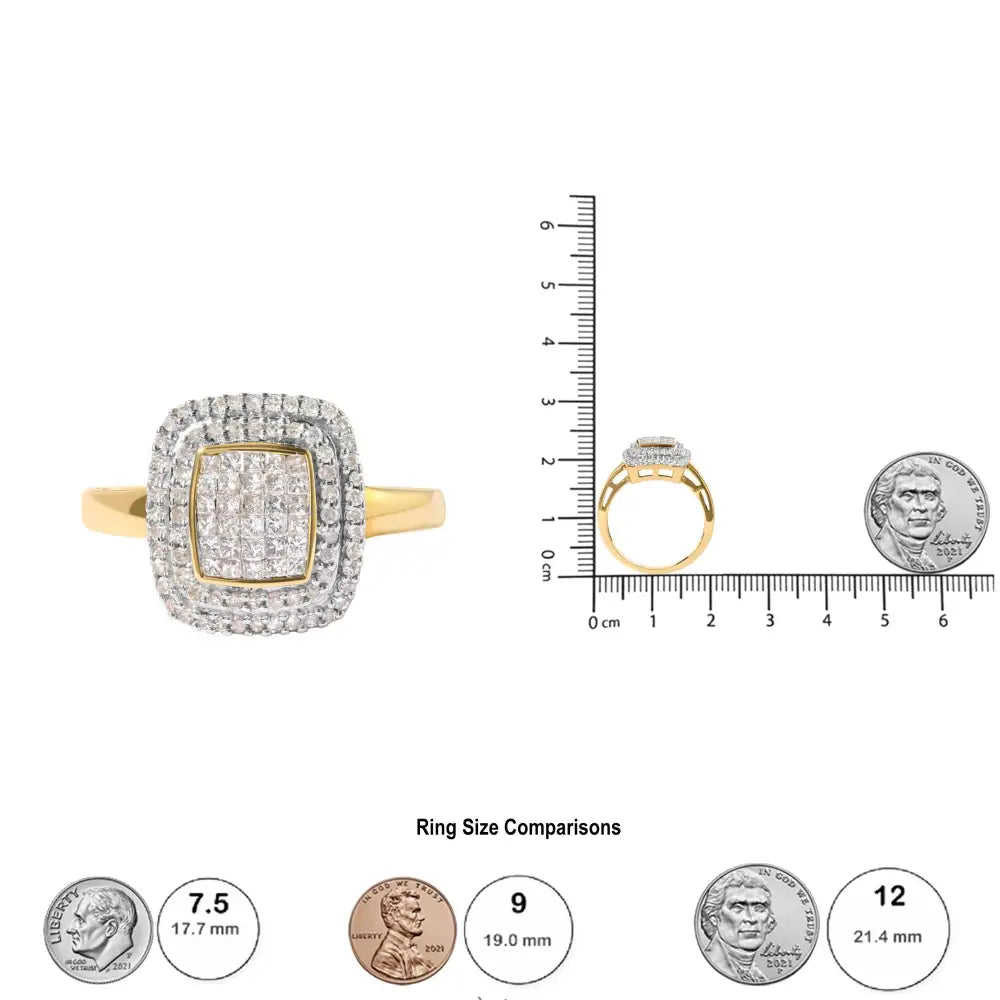 10k Yellow Gold 1/2 Cttw Round and Princess Diamond Composite Head Halo Ring (h-i Color Si1-si2 Clarity) - Fine Jewelry