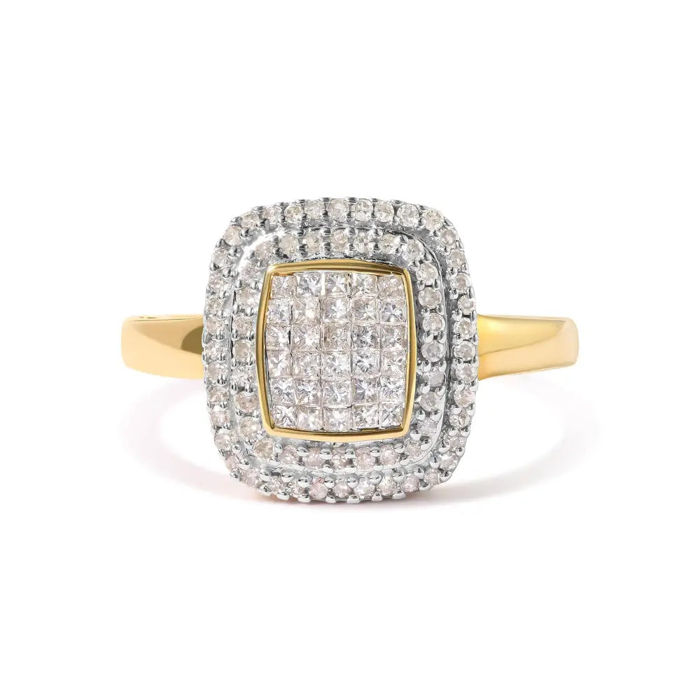 10k Yellow Gold 1/2 Cttw Round and Princess Diamond Composite Head Halo Ring (h-i Color Si1-si2 Clarity) - Fine Jewelry