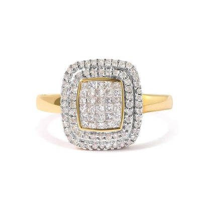 10k Yellow Gold 1/2 Cttw Round and Princess Diamond Composite Head Halo Ring (h-i Color Si1-si2 Clarity) - Fine Jewelry