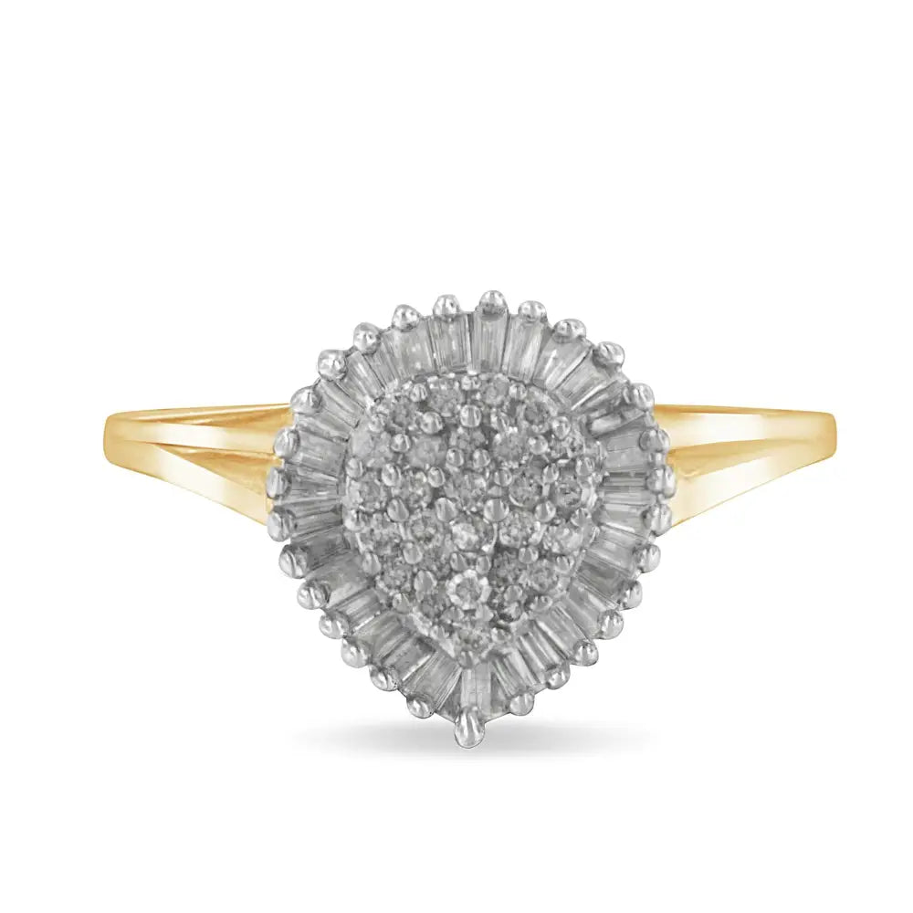 10k Yellow Gold 1/2 Cttw Round & Baguette Cut Diamond Pear Shaped Domed Pavé Cluster with Halo Cocktail Ring (j-k