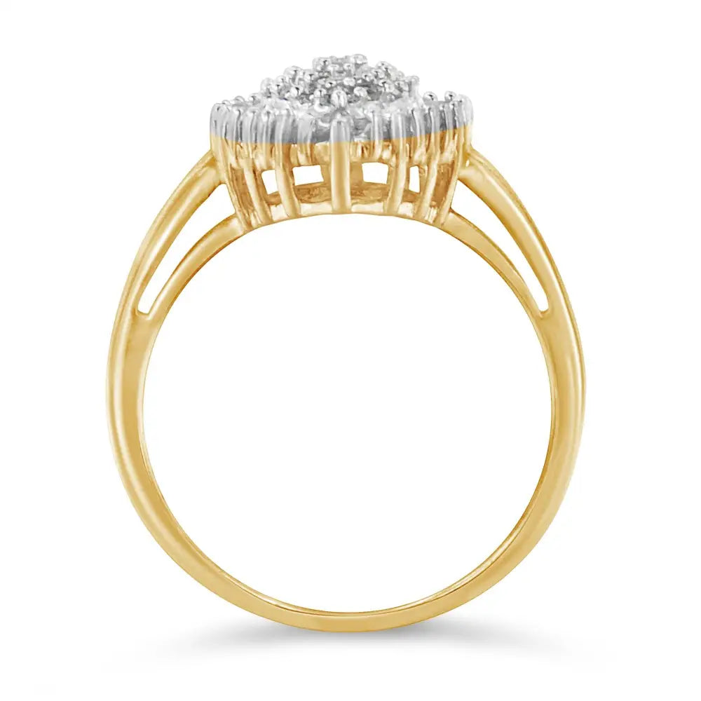 10k Yellow Gold 1/2 Cttw Round & Baguette Cut Diamond Pear Shaped Domed Pavé Cluster with Halo Cocktail Ring (j-k