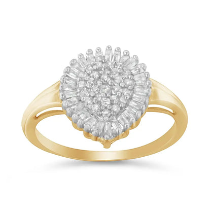 10k Yellow Gold 1/2 Cttw Round & Baguette Cut Diamond Pear Shaped Domed Pavé Cluster with Halo Cocktail Ring (j-k