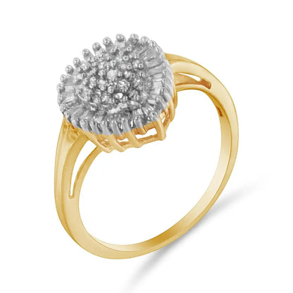 10k Yellow Gold 1/2 Cttw Round & Baguette Cut Diamond Pear Shaped Domed Pavé Cluster with Halo Cocktail Ring (j-k