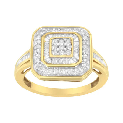 10k Yellow Gold 1/2 Cttw Round & Baguette-cut Diamond Vintage-inspired Square Cluster Framed Double Halo Cocktail