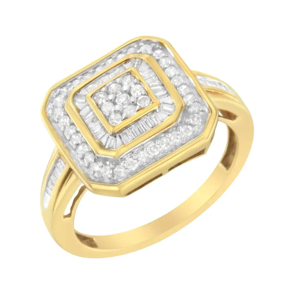 10k Yellow Gold 1/2 Cttw Round & Baguette-cut Diamond Vintage-inspired Square Cluster Framed Double Halo Cocktail