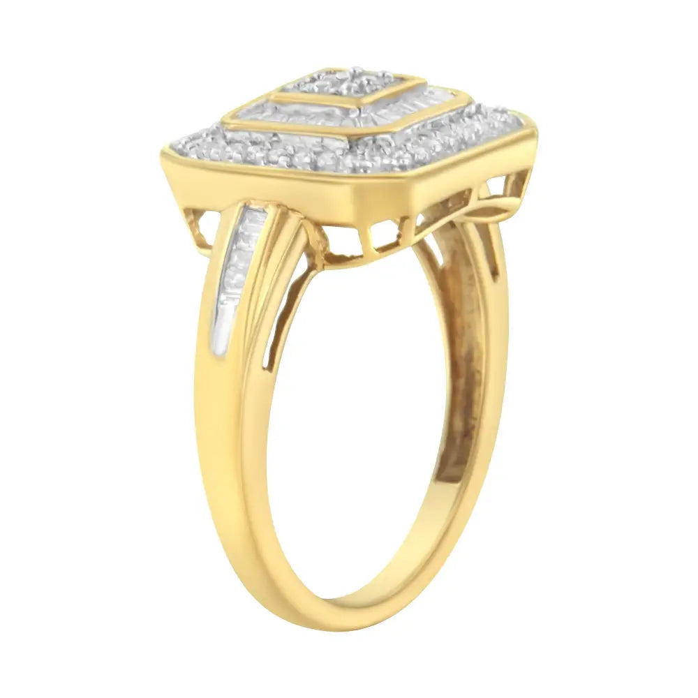 10k Yellow Gold 1/2 Cttw Round & Baguette-cut Diamond Vintage-inspired Square Cluster Framed Double Halo Cocktail