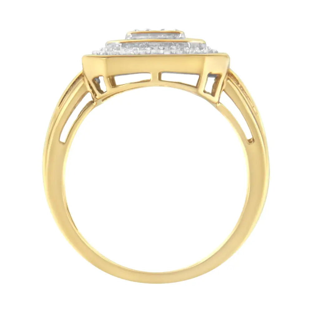 10k Yellow Gold 1/2 Cttw Round & Baguette-cut Diamond Vintage-inspired Square Cluster Framed Double Halo Cocktail