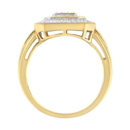 10k Yellow Gold 1/2 Cttw Round & Baguette-cut Diamond Vintage-inspired Square Cluster Framed Double Halo Cocktail