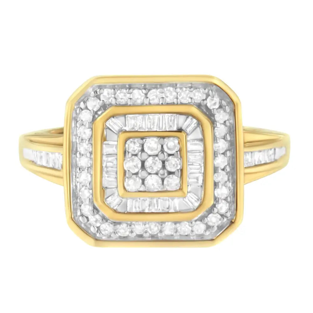 10k Yellow Gold 1/2 Cttw Round & Baguette-cut Diamond Vintage-inspired Square Cluster Framed Double Halo Cocktail