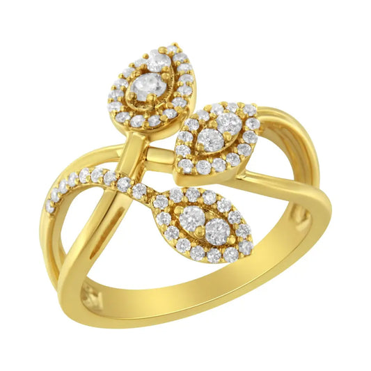 10k Yellow Gold 1/2 Cttw Round-cut Diamond Layered Crossover Triple Leaf Bypass Ring (i-j Color I1-i2 Clarity) - Fine