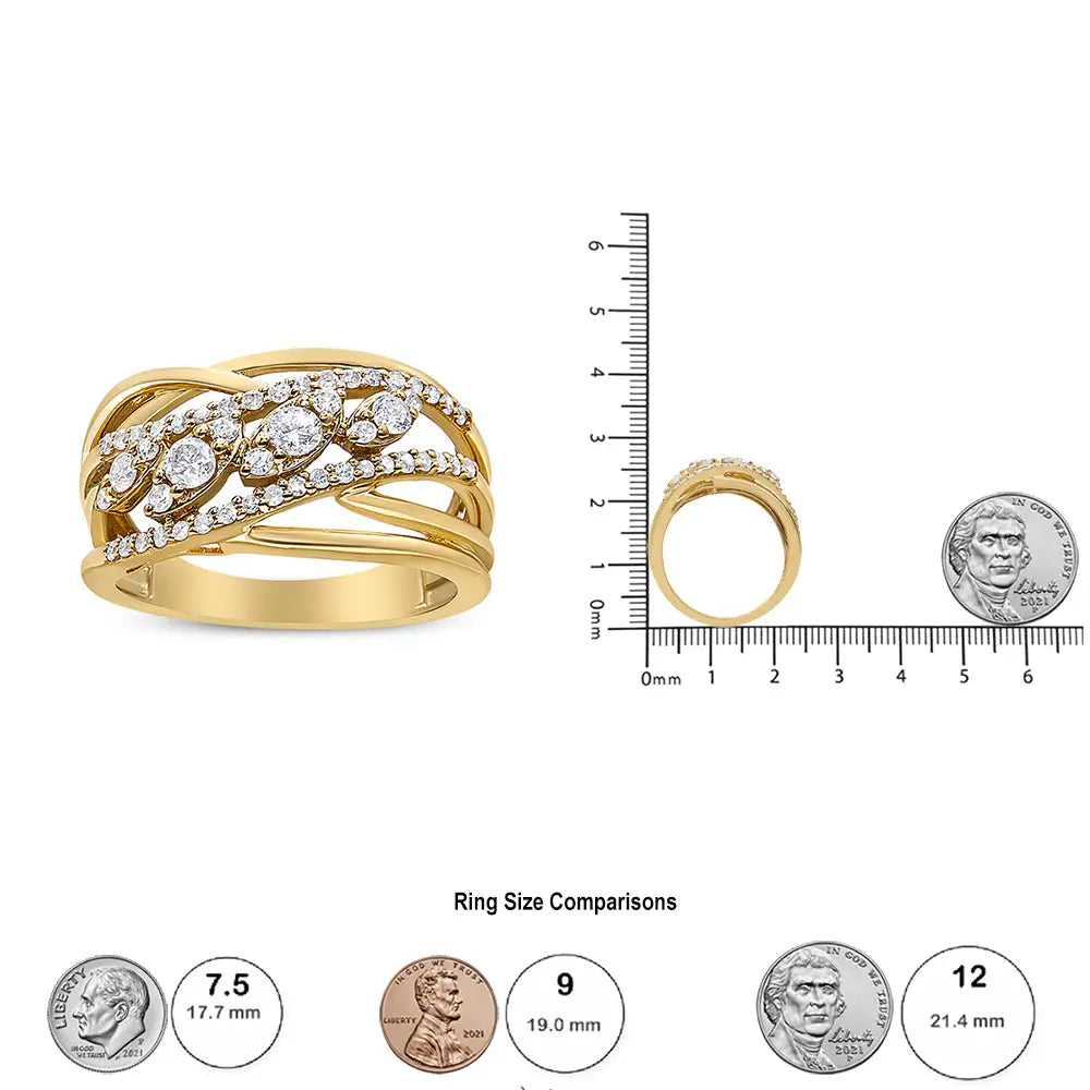 10k Yellow Gold 1/2 Cttw Round-cut Multi Row Diamond Split Shank Cocktail Ring (h-i Color Si2-i1 Clarity) - Fine