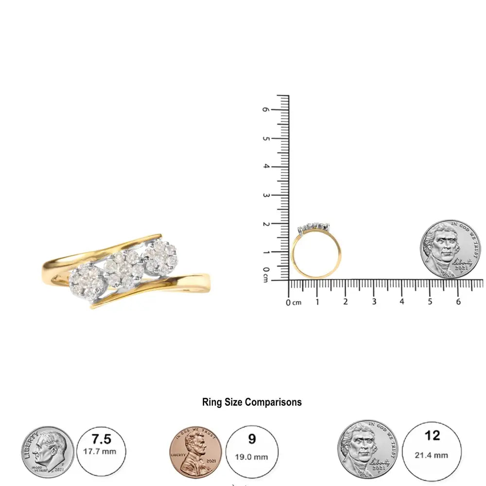 10k Yellow Gold 1/4 Cttw Diamond Cluster 3 Stone Style Bypass Ring (i-j Color I1-i2 Clarity) - Fine Jewelry us Direct