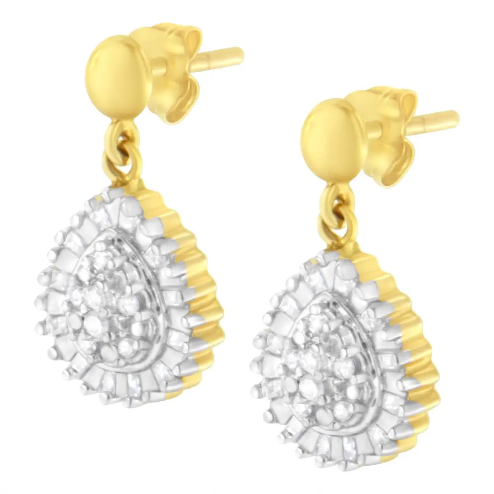 10k Yellow Gold 1/4 Cttw Round and Baguette-cut Diamond Cluster Drop Dangle Stud Earrings (i-j Color I2-i3 Clarity)