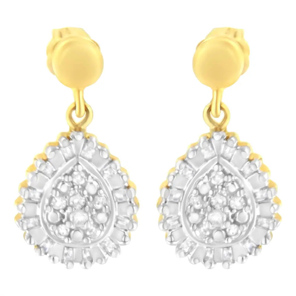 10k Yellow Gold 1/4 Cttw Round and Baguette-cut Diamond Cluster Drop Dangle Stud Earrings (i-j Color I2-i3 Clarity)