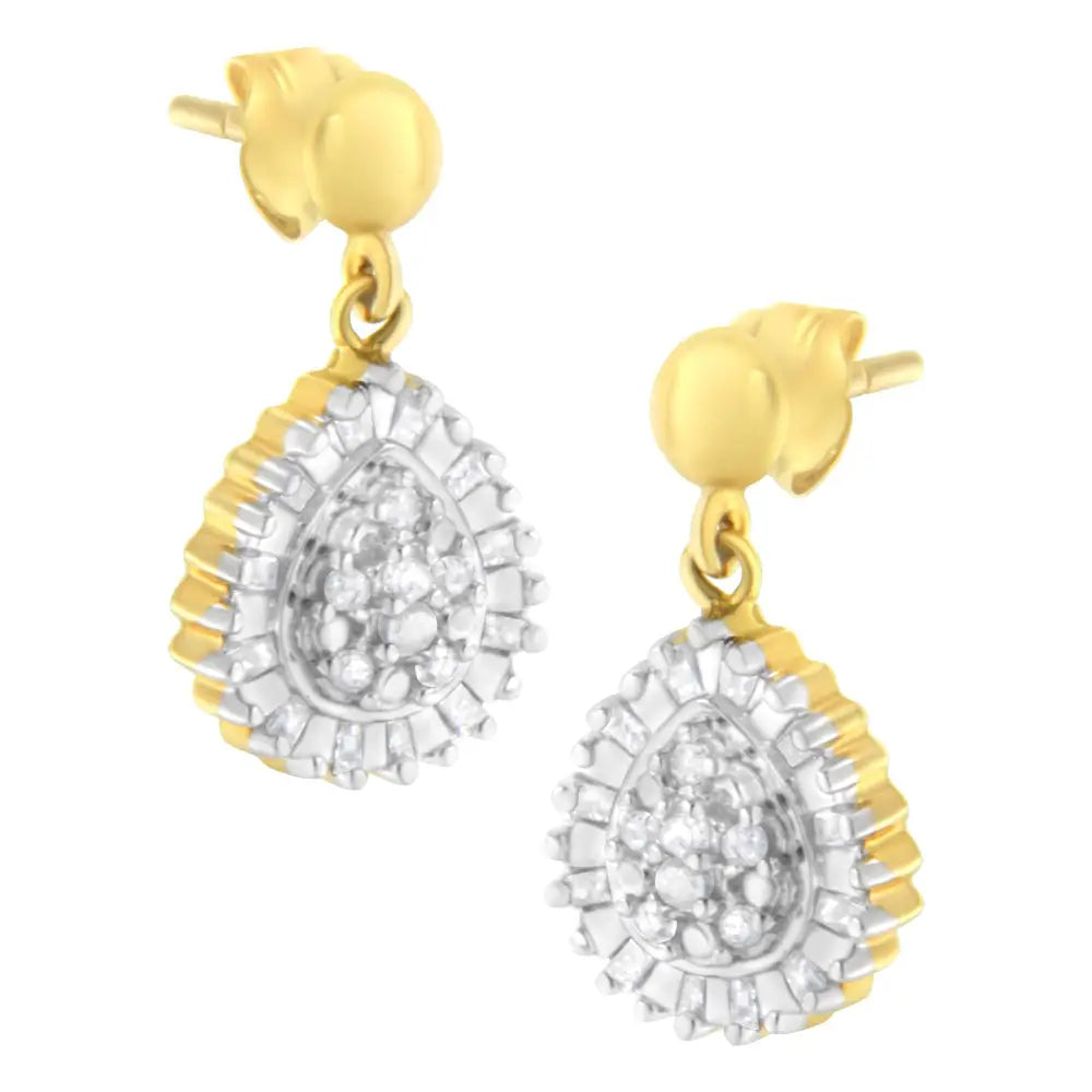 10k Yellow Gold 1/4 Cttw Round and Baguette-cut Diamond Cluster Drop Dangle Stud Earrings (i-j Color I2-i3 Clarity)