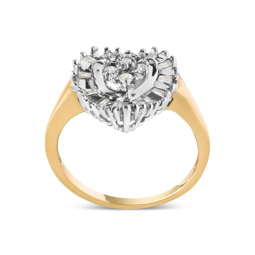 10k Yellow Gold 1/4 Cttw Round and Baguette Cut Diamond Heart Shape Ballerina Ring (h-i Color I1-i2 Clarity) - Fine