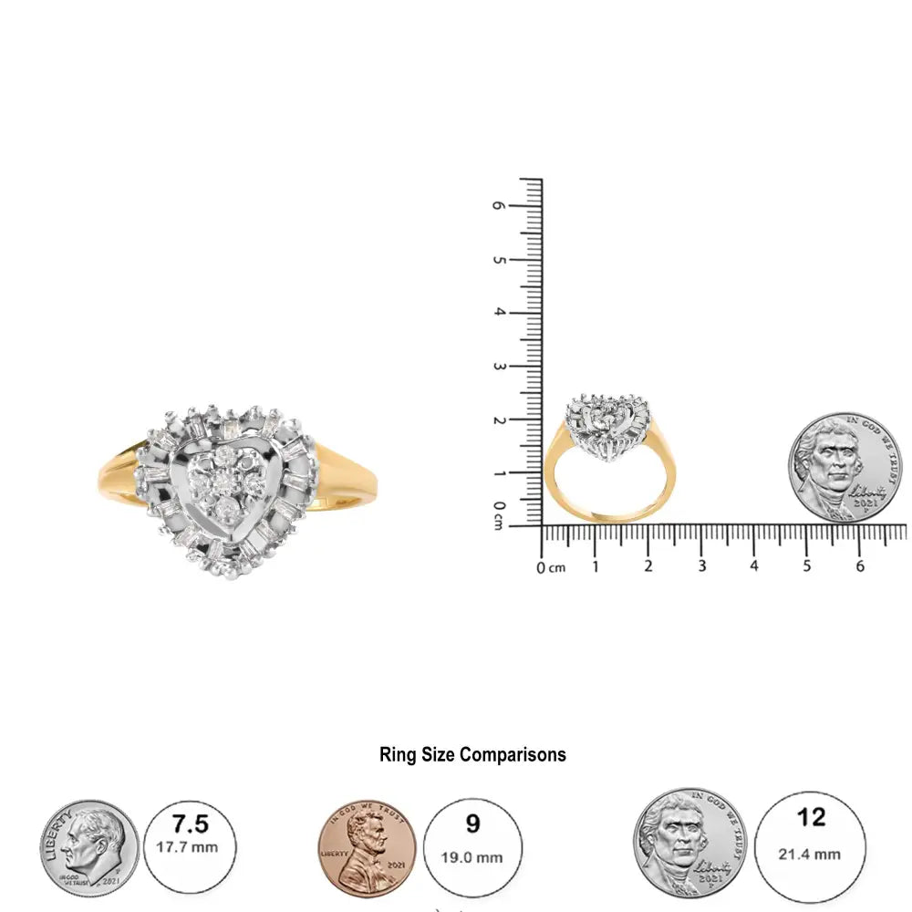 10k Yellow Gold 1/4 Cttw Round and Baguette Cut Diamond Heart Shape Ballerina Ring (h-i Color I1-i2 Clarity) - Fine