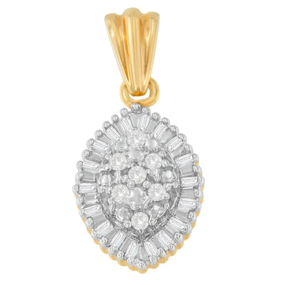 10k Yellow Gold 1/4 Cttw Round and Baguette Cut Diamond Oval Burst Halo Pendant Necklace (i-j I1-i2) - Fine Jewelry