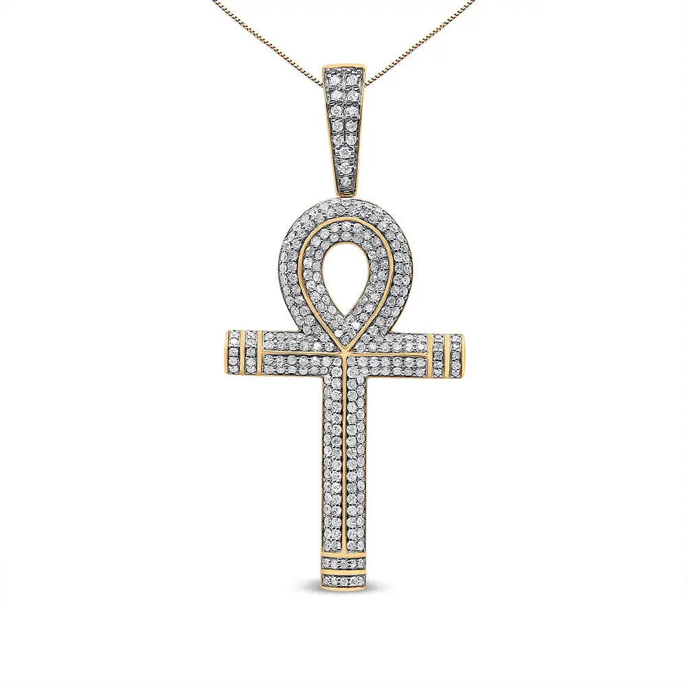 10k Yellow Gold 1 7/8 Cttw Round Diamond Ankh Cross Pendant Necklace for Men (h-i Color Si1-si2 Clarity) - no Chain