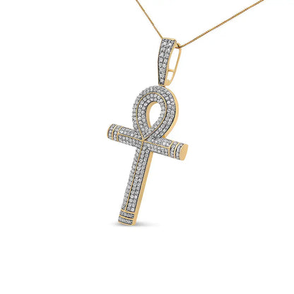 10k Yellow Gold 1 7/8 Cttw Round Diamond Ankh Cross Pendant Necklace for Men (h-i Color Si1-si2 Clarity) - no Chain