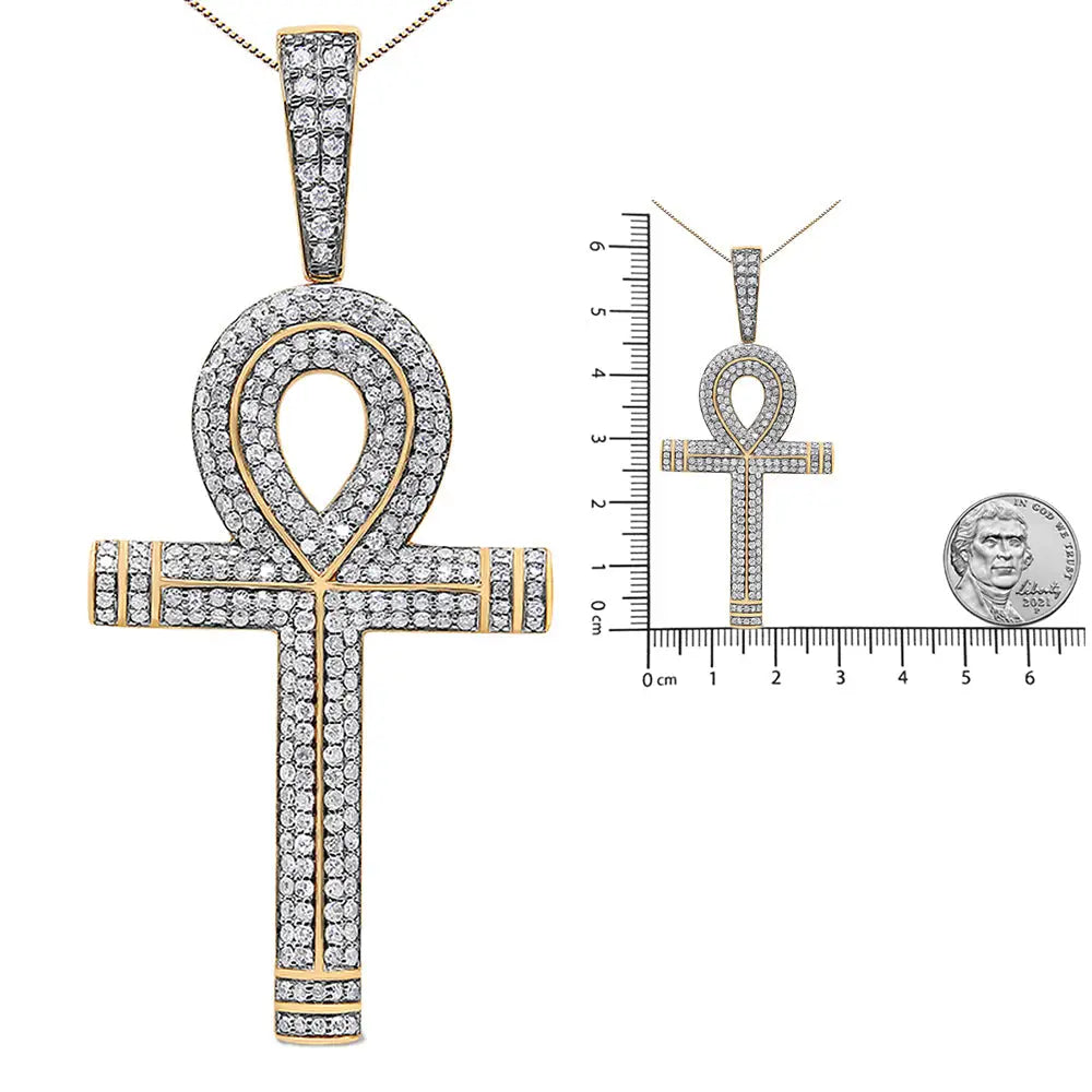 10k Yellow Gold 1 7/8 Cttw Round Diamond Ankh Cross Pendant Necklace for Men (h-i Color Si1-si2 Clarity) - no Chain