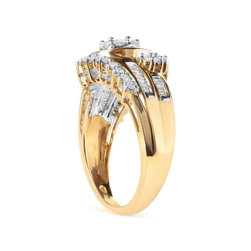 10k Yellow Gold 1 Cttw Round and Baguette Cut Diamond Cluster Swirl Band Ring (h-i Color I1-i2 Clarity) - Fine Jewelry