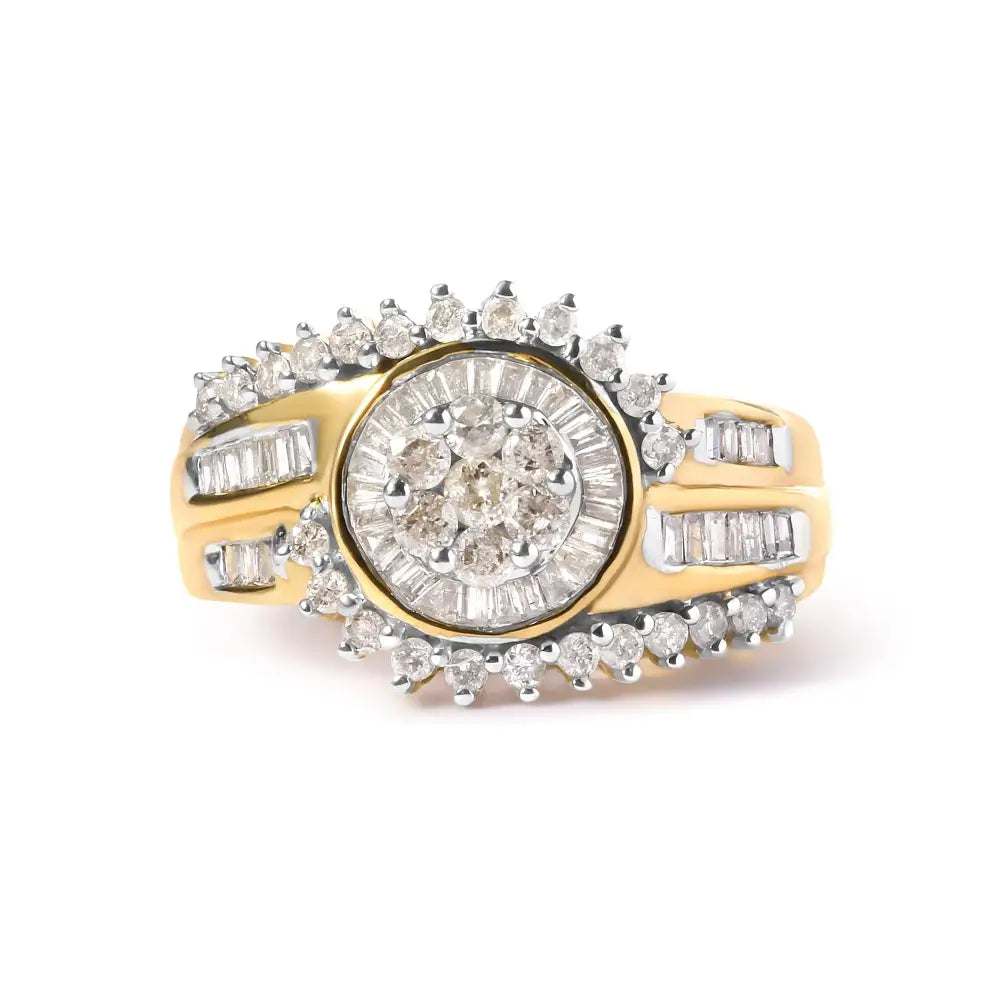 10k Yellow Gold 1 Cttw Round and Baguette Cut Diamond Cluster Swirl Band Ring (h-i Color I1-i2 Clarity) - Fine Jewelry