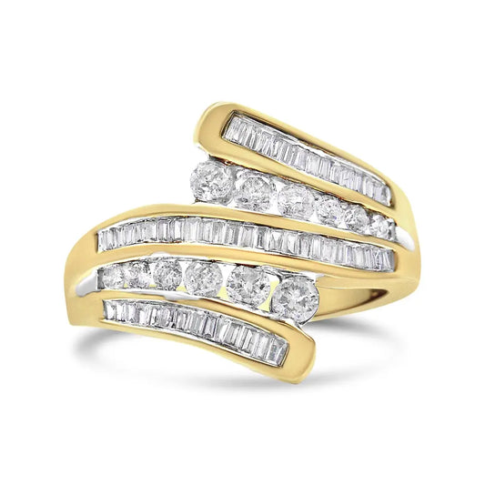 10k Yellow Gold 1 Cttw Round and Baguette-cut Diamond Multi Row Bypass Ring Band (h-i Color I1-i2 Clarity) - Fine