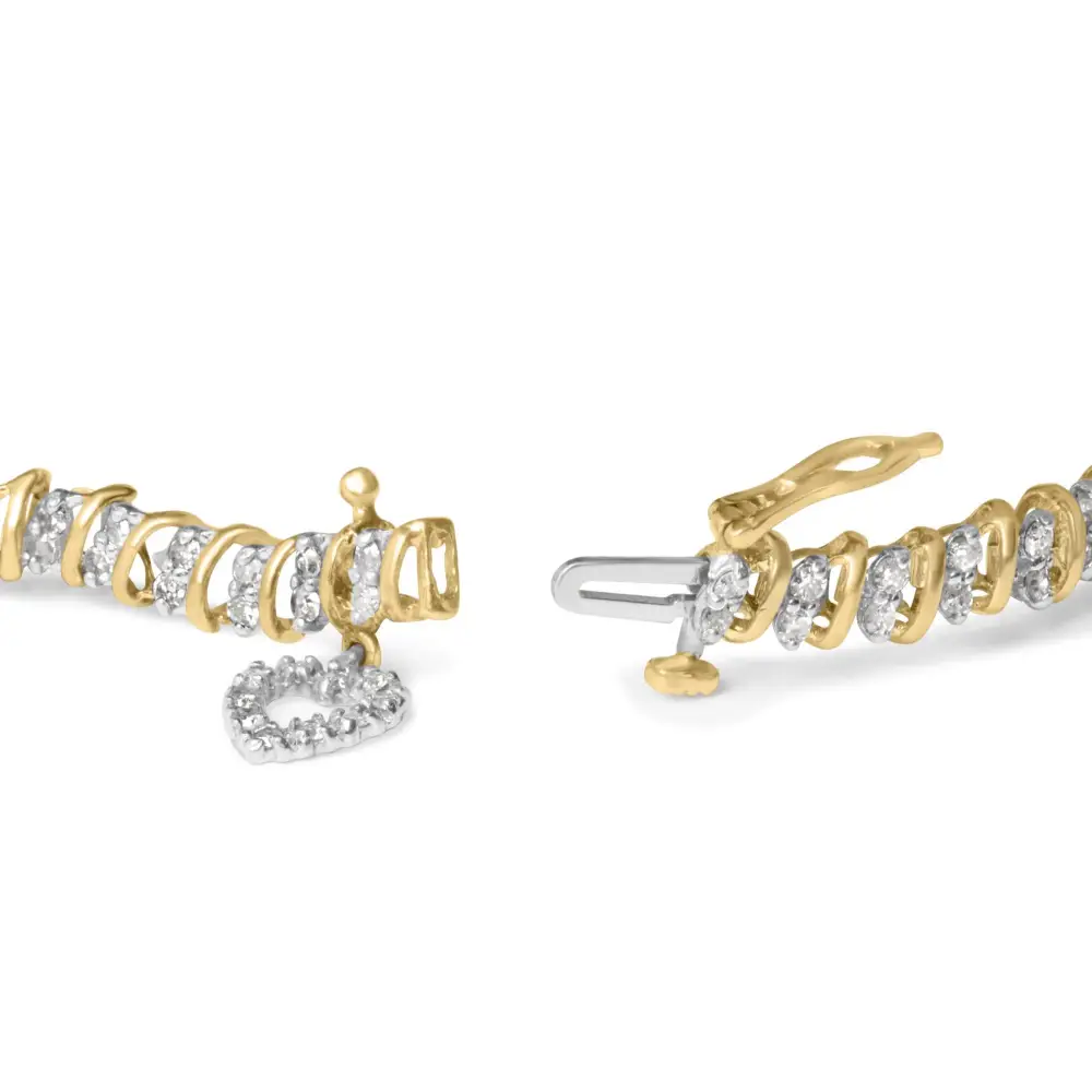 10k Yellow Gold 2.0 Cttw Diamond 2 Row Link and Heart Charm 7’’ Bracelet (i-j Color I3 Clarity) - Fine Jewelry us Direct