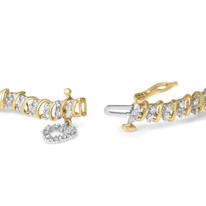 10k Yellow Gold 2.0 Cttw Diamond 2 Row Link and Heart Charm 7’’ Bracelet (i-j Color I3 Clarity) - Fine Jewelry us Direct