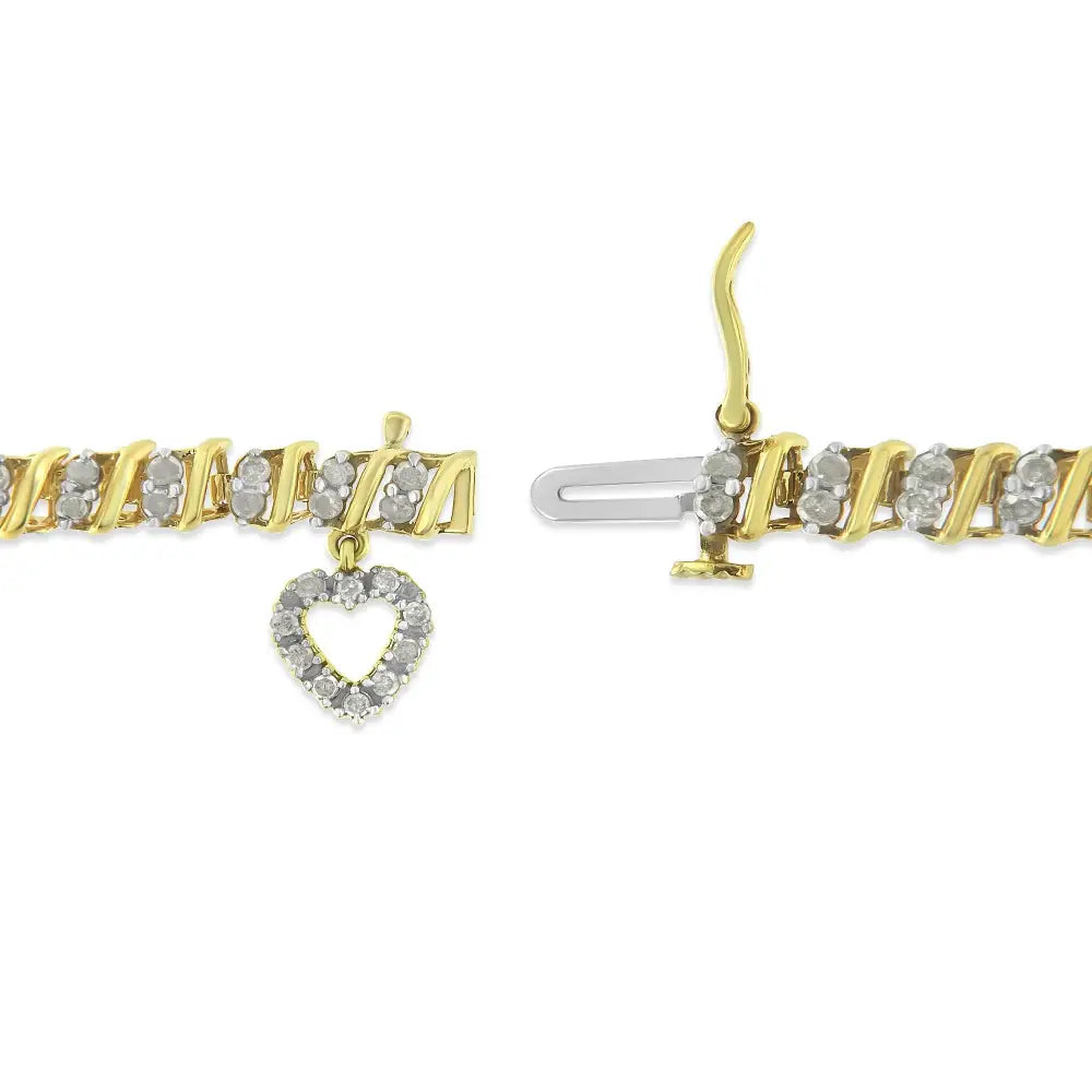 10k Yellow Gold 2.0 Cttw Diamond 2 Row Link and Heart Charm 7’’ Bracelet (i-j Color I3 Clarity) - Fine Jewelry us Direct