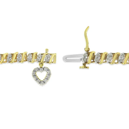 10k Yellow Gold 2.0 Cttw Diamond 2 Row Link and Heart Charm 7’’ Bracelet (i-j Color I3 Clarity) - Fine Jewelry us Direct