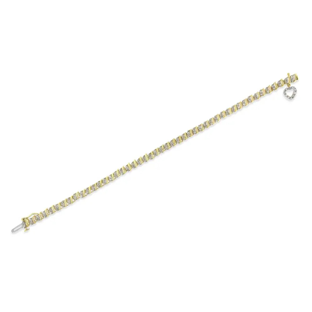 10k Yellow Gold 2.0 Cttw Diamond 2 Row Link and Heart Charm 7’’ Bracelet (i-j Color I3 Clarity) - Fine Jewelry us Direct