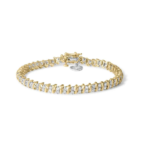 10k Yellow Gold 2.0 Cttw Diamond 2 Row Link and Heart Charm 7’’ Bracelet (i-j Color I3 Clarity) - Fine Jewelry us Direct