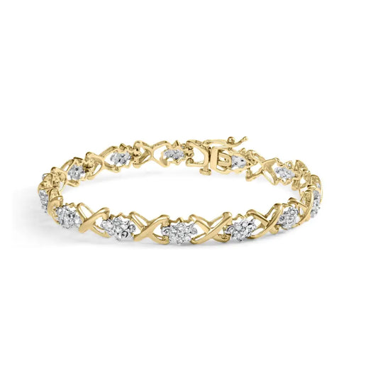 10k Yellow Gold 2.00 Cttw Diamond Cluster and Alternating ?X’ Link Bracelet (i-j Color I3 Clarity) - 7’’ - Fine