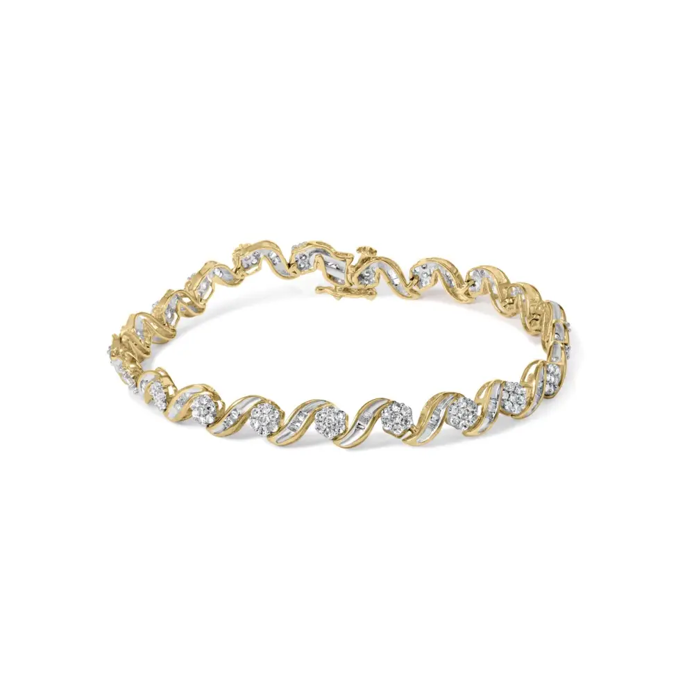 10k Yellow Gold 2.00 Cttw Round-cut and Baguette-cut Diamond Floral Design Swirl Link 7’’ Bracelet (i-j Color I1-i2