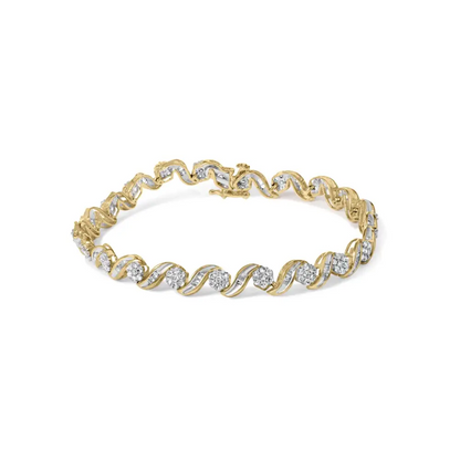 10k Yellow Gold 2.00 Cttw Round-cut and Baguette-cut Diamond Floral Design Swirl Link 7’’ Bracelet (i-j Color I1-i2