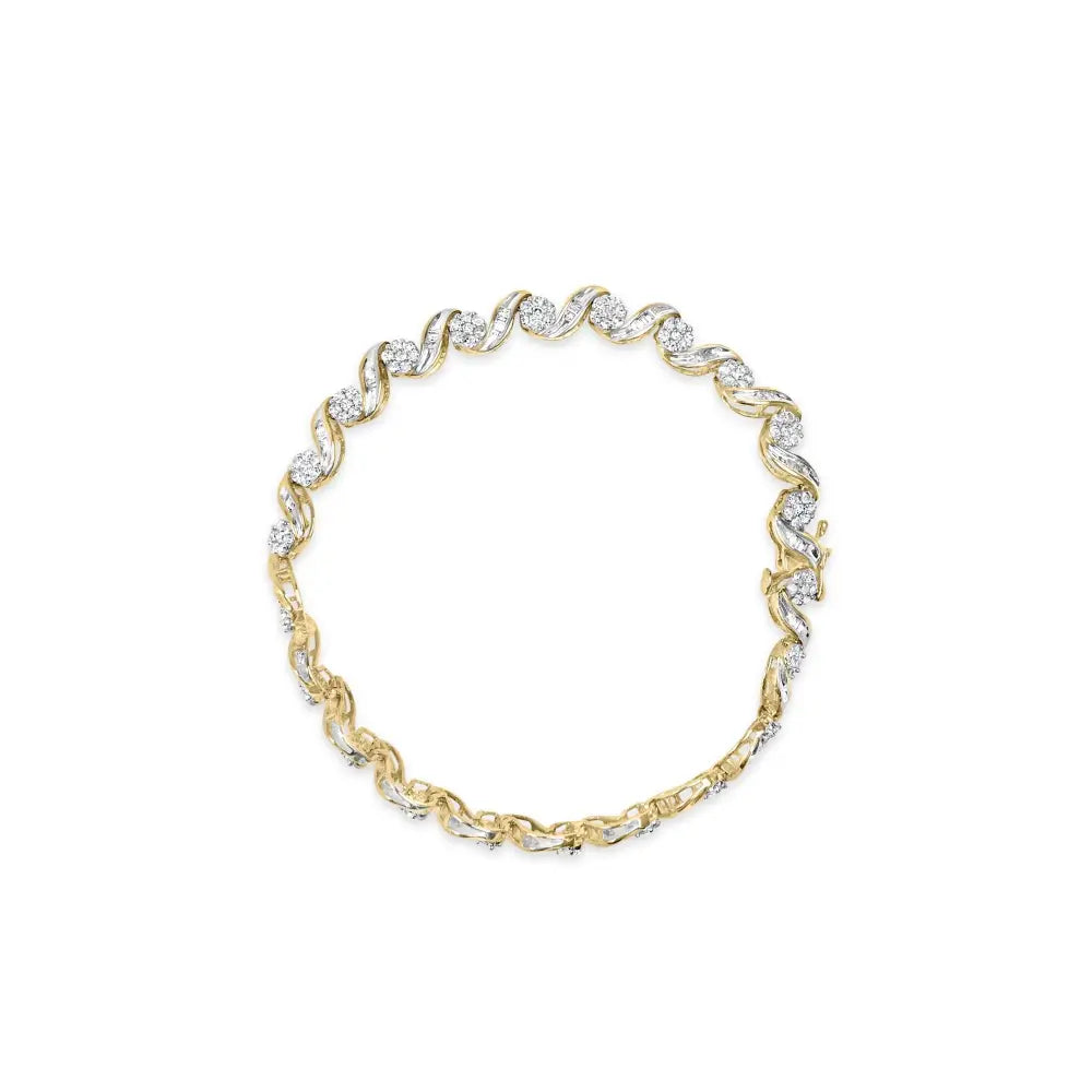 10k Yellow Gold 2.00 Cttw Round-cut and Baguette-cut Diamond Floral Design Swirl Link 7’’ Bracelet (i-j Color I1-i2