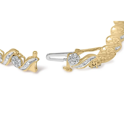 10k Yellow Gold 2.00 Cttw Round-cut and Baguette-cut Diamond Floral Design Swirl Link 7’’ Bracelet (i-j Color I1-i2