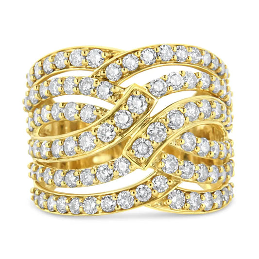 10k Yellow Gold 3.00 Cttw Diamond Multi Row Bypass Wave Cocktail Band Ring (j-k Color I1-i2 Clarity) - Fine Jewelry