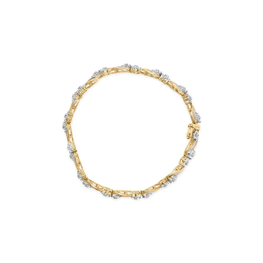 10k Yellow Gold 3.00 Cttw Round-cut and Baguette-cut Floral Link 7.25’’ Bracelet (i-j Color I1-i2 Clarity) - Fine