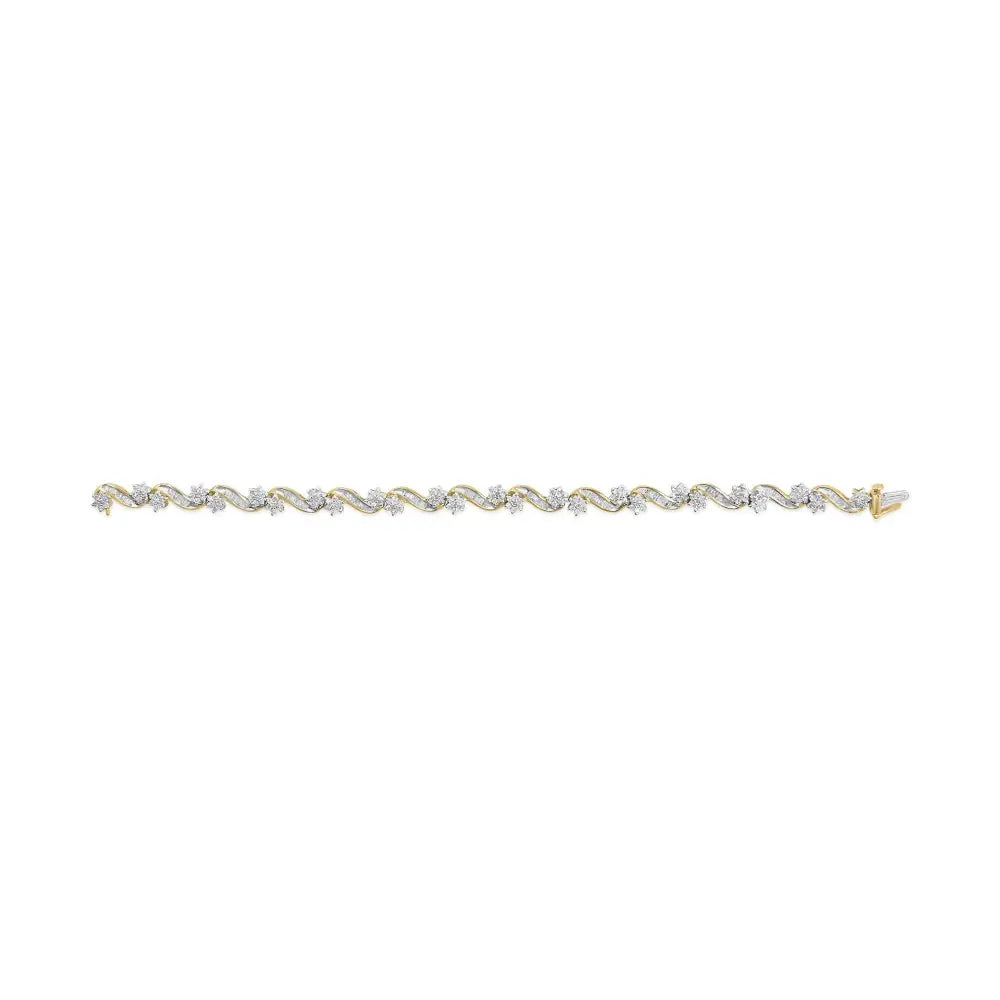 10k Yellow Gold 3.00 Cttw Round-cut and Baguette-cut Floral Link 7.25’’ Bracelet (i-j Color I1-i2 Clarity) - Fine