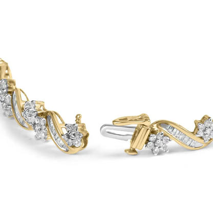 10k Yellow Gold 3.00 Cttw Round-cut and Baguette-cut Floral Link 7.25’’ Bracelet (i-j Color I1-i2 Clarity) - Fine