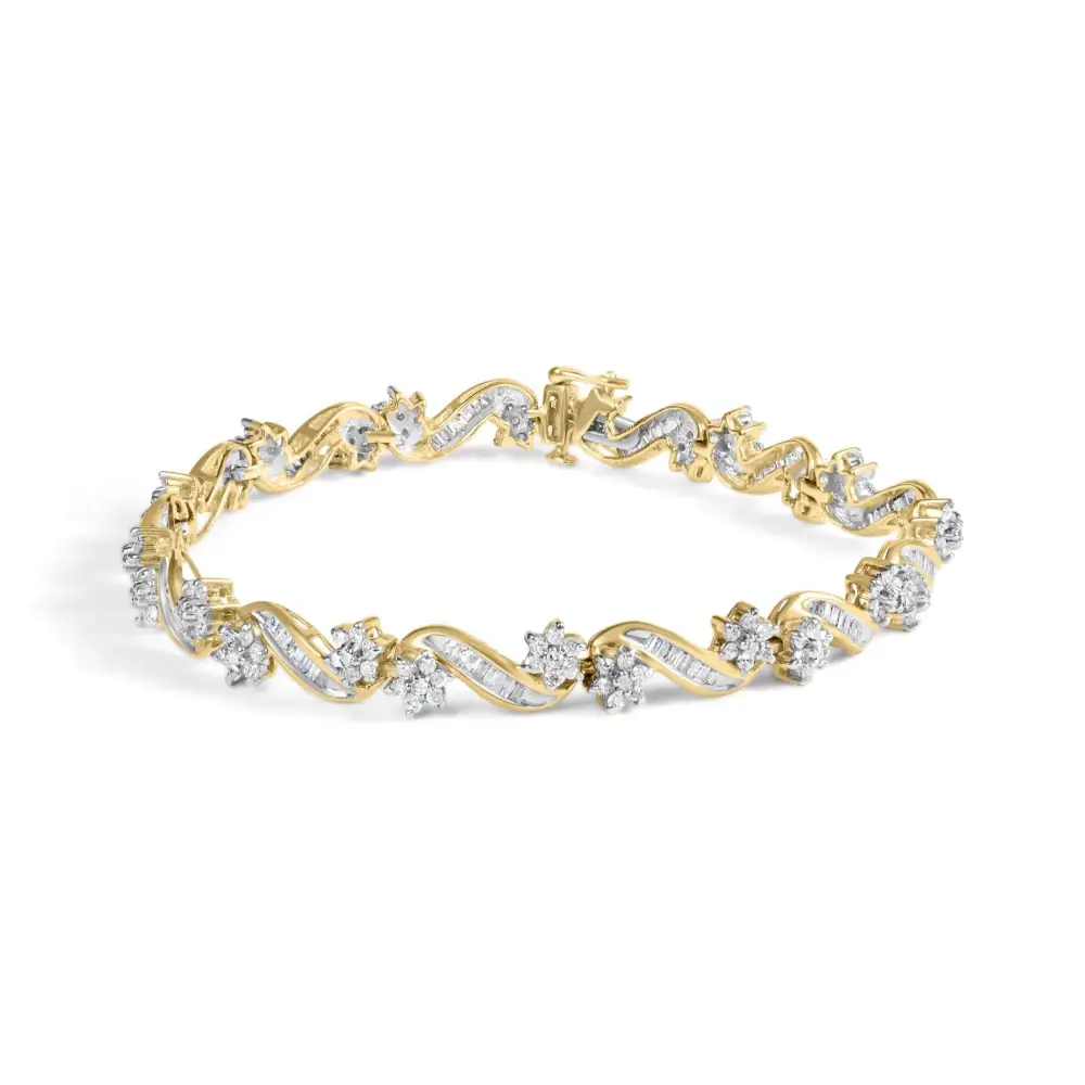 10k Yellow Gold 3.00 Cttw Round-cut and Baguette-cut Floral Link 7.25’’ Bracelet (i-j Color I1-i2 Clarity) - Fine