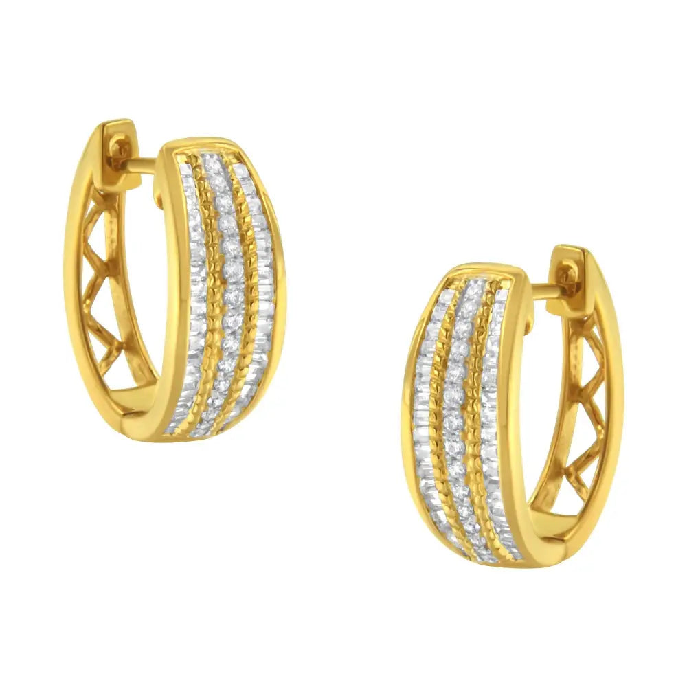 10k Yellow Gold 3/4 Cttw Pave and Channel Set Diamond Triple Row Modern Hoop Earrings (i-j Color I2-i3 Clarity) - Fine