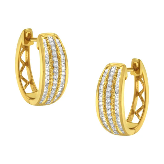 10k Yellow Gold 3/4 Cttw Pave and Channel Set Diamond Triple Row Modern Hoop Earrings (i-j Color I2-i3 Clarity) - Fine